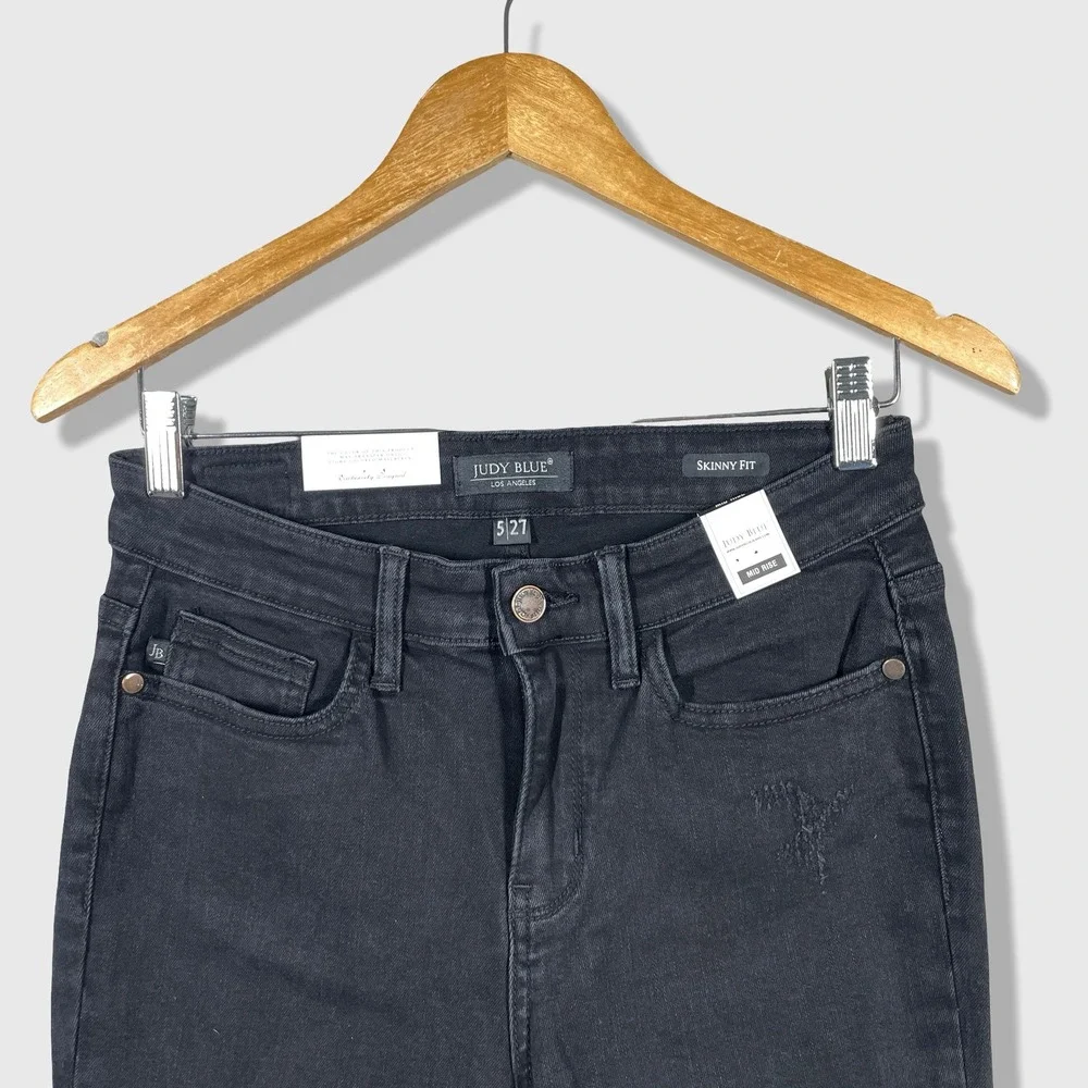 Judy Blue Skinny Jeans Womens 5/27 Black Distressed Leopard Patch Mid‎ Rise